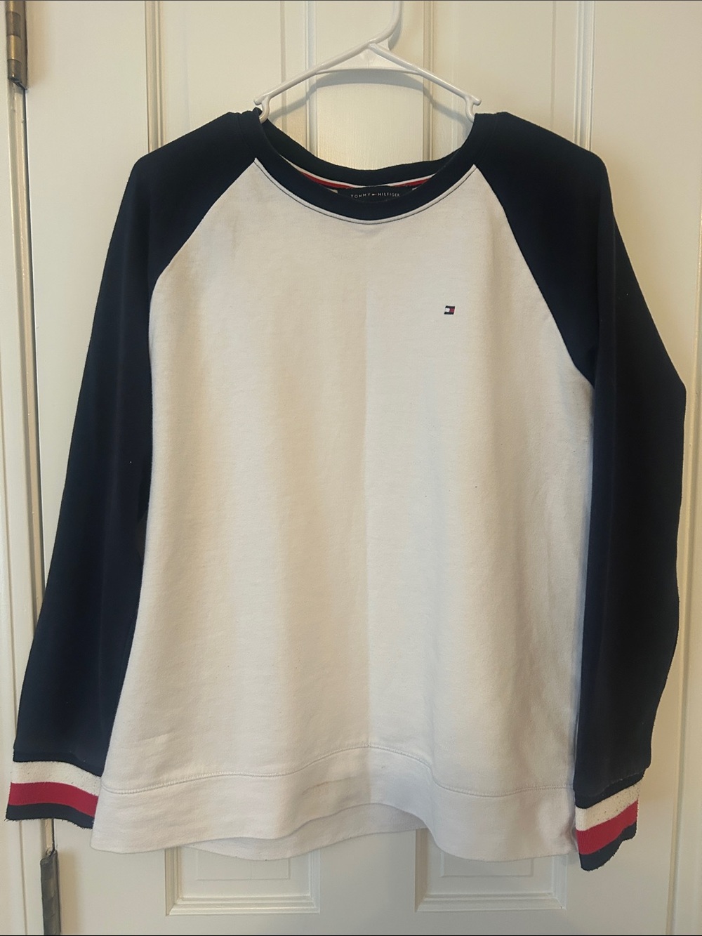 Tommy Hilfiger White and Navy Raglan Crewneck Sweatshirt with Stripe Cuffs